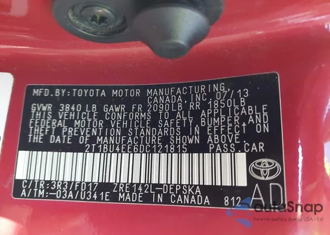 2013 Toyota Corolla S from USA, damaged, VIN 2T1BU4EE6DC121815